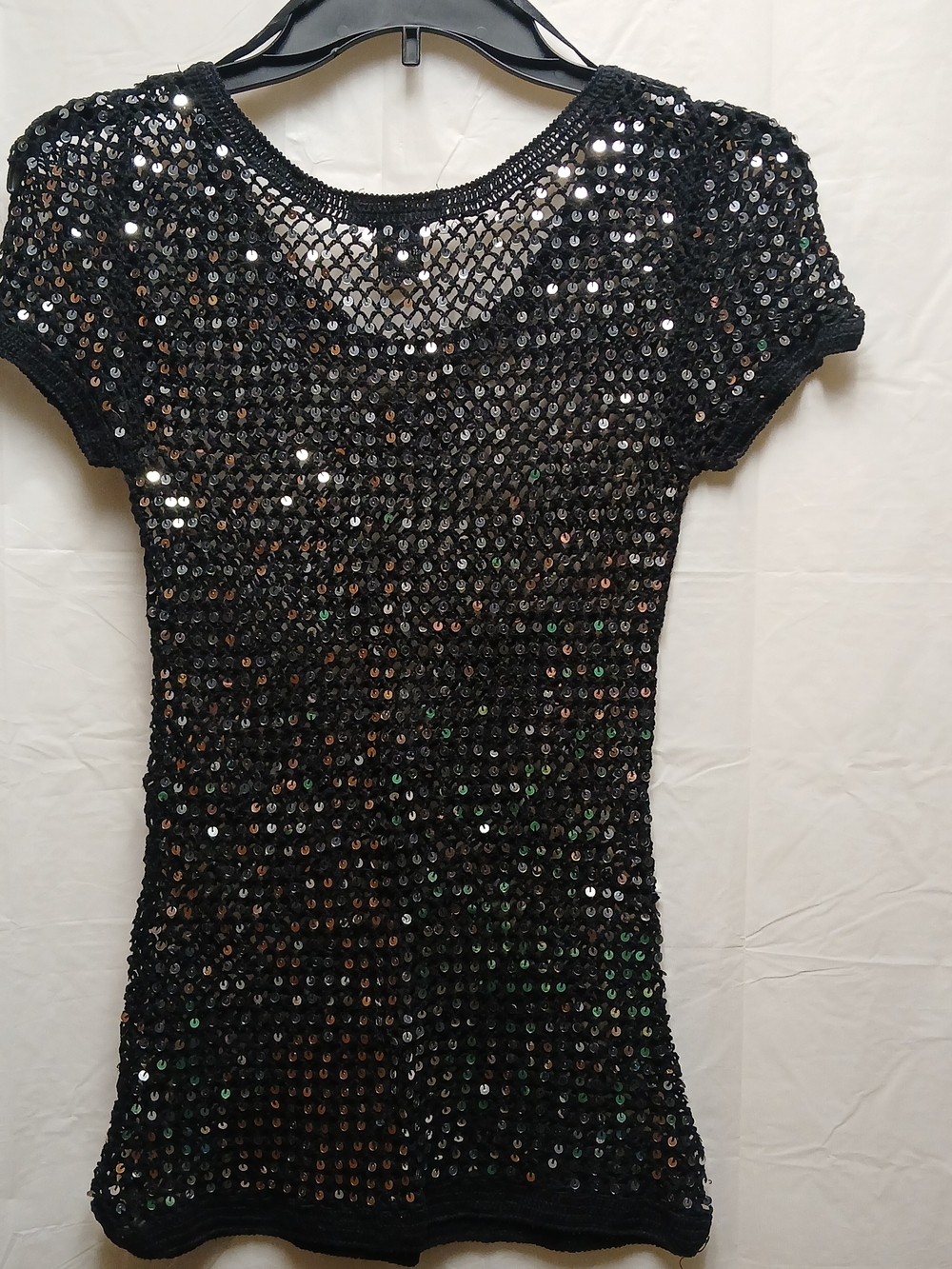 deb Black Sequin Mesh Short Sleeve Top - Picture 7 of 8